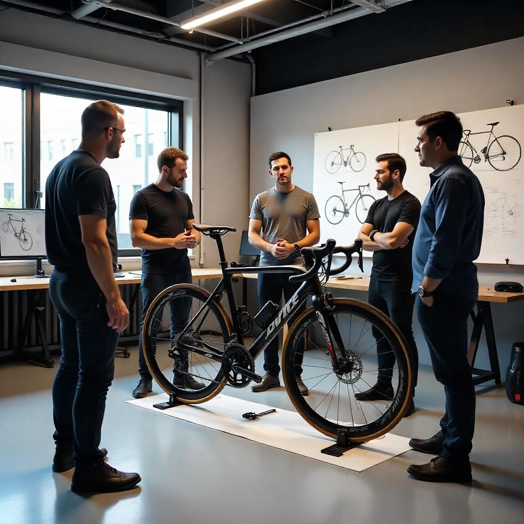Engineers and athletes reviewing bike design